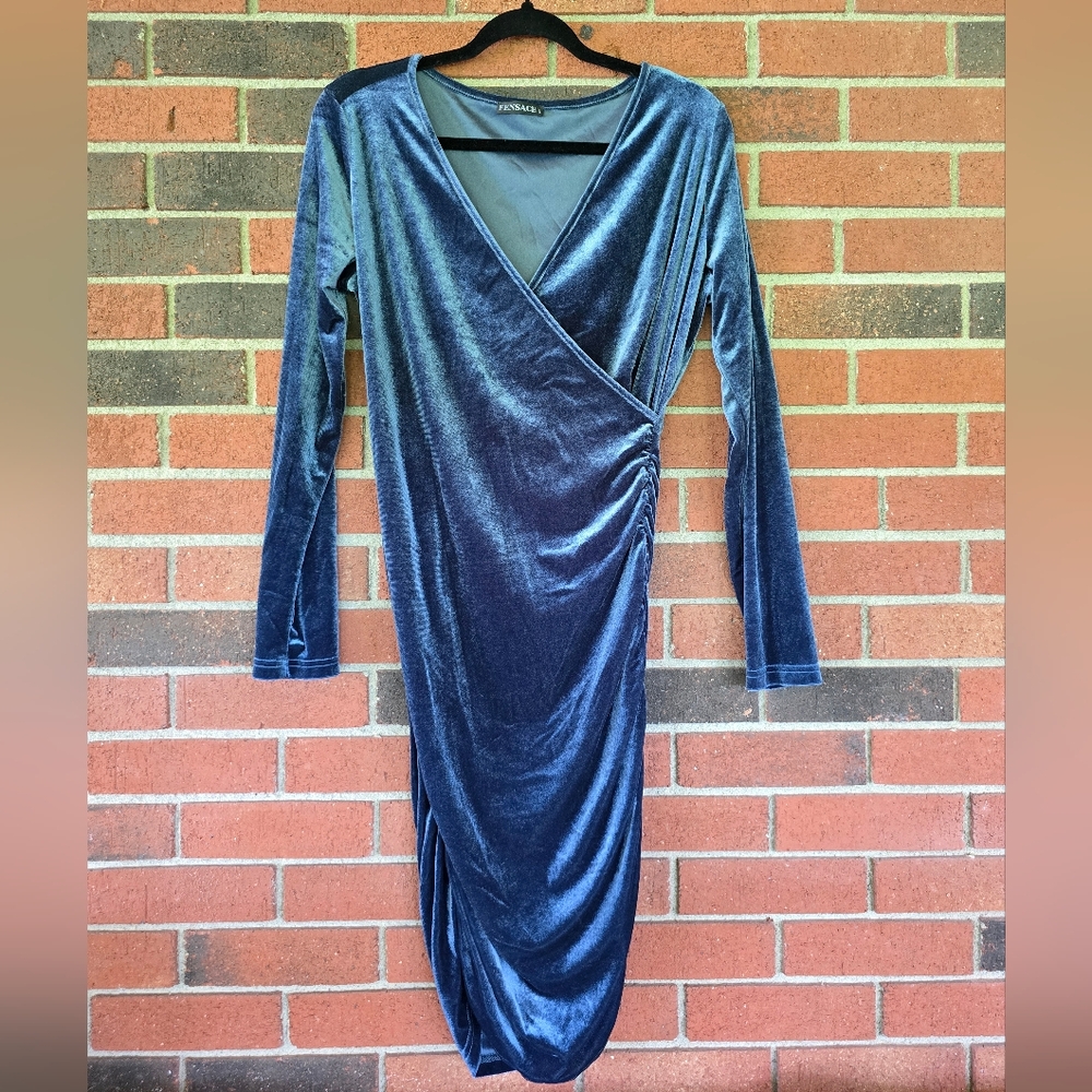 Fensace‎ Velvet Steel Blue Bodycon Dress Size Large Long Sleeves
